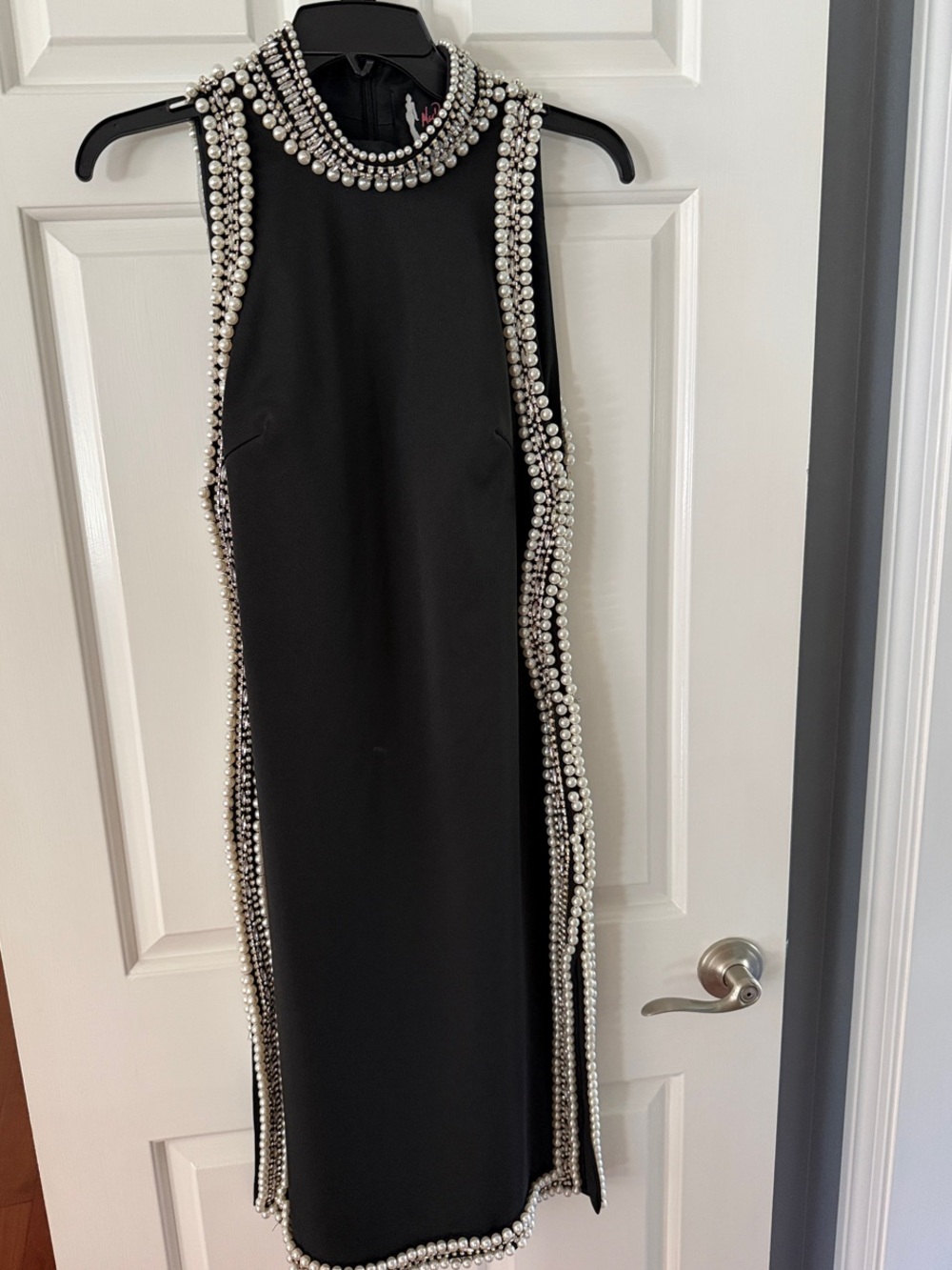 Black Pearl-Trim Midi Sheath Dress
